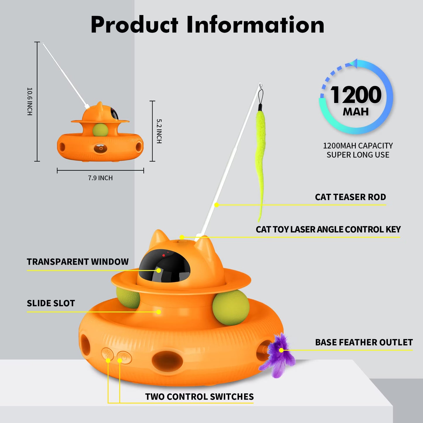 Interactive Cat Toys, Laser Kitten Toy for Indoor Cats, Cat Feather Mice Toys, Pets Smart Electric Cat Toys-Orange